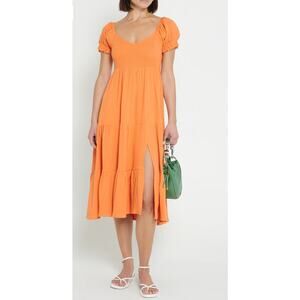 O.P.T. Gauzy Cotton Lanna Puff Sleeve Smocked Midi Dress Orange‎ Size Small